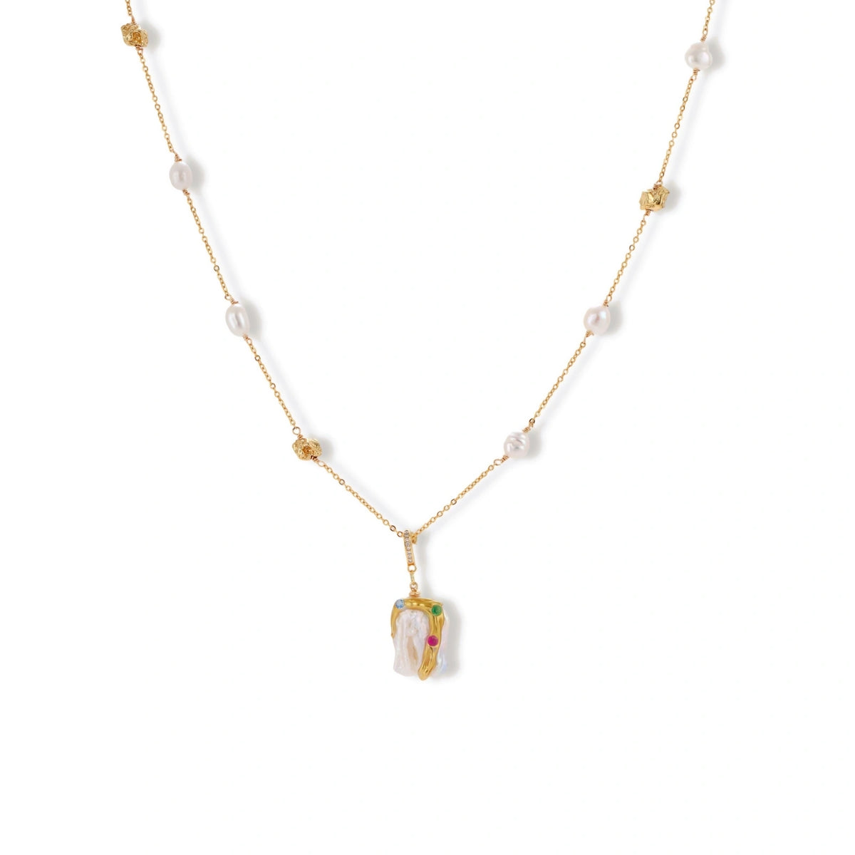 Delicate 18k gold-plated chain with baroque pearls and colorful enamel pendant featuring blue, pink accents on cream background.
