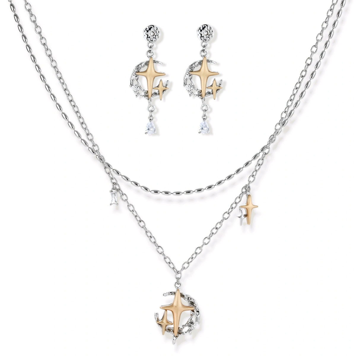 Star & Moon Necklace and Earring Set – Mixed-Metal