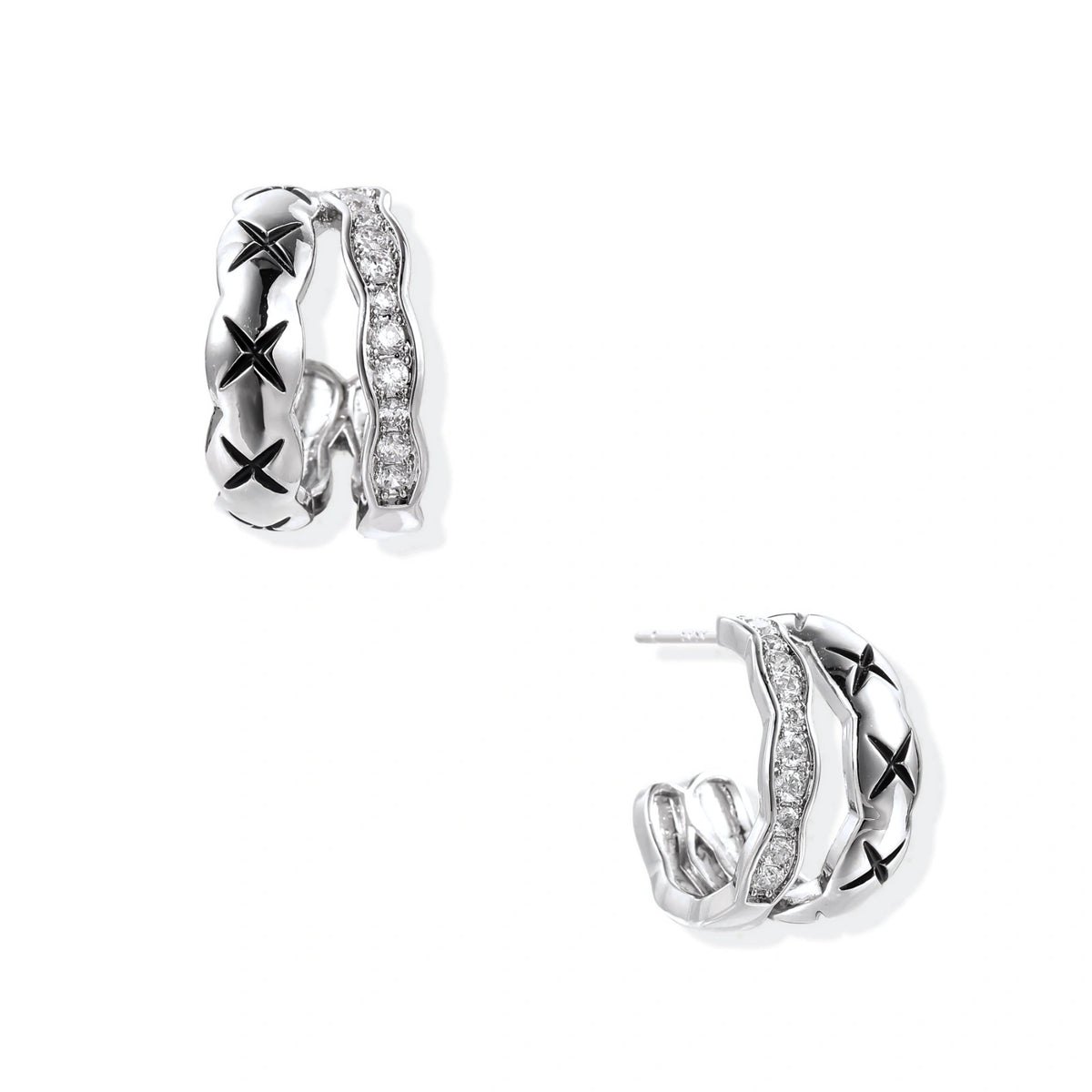 Triple-row white gold hoops with black X-pattern, twisted band, and pavé zirconia stones on white background.