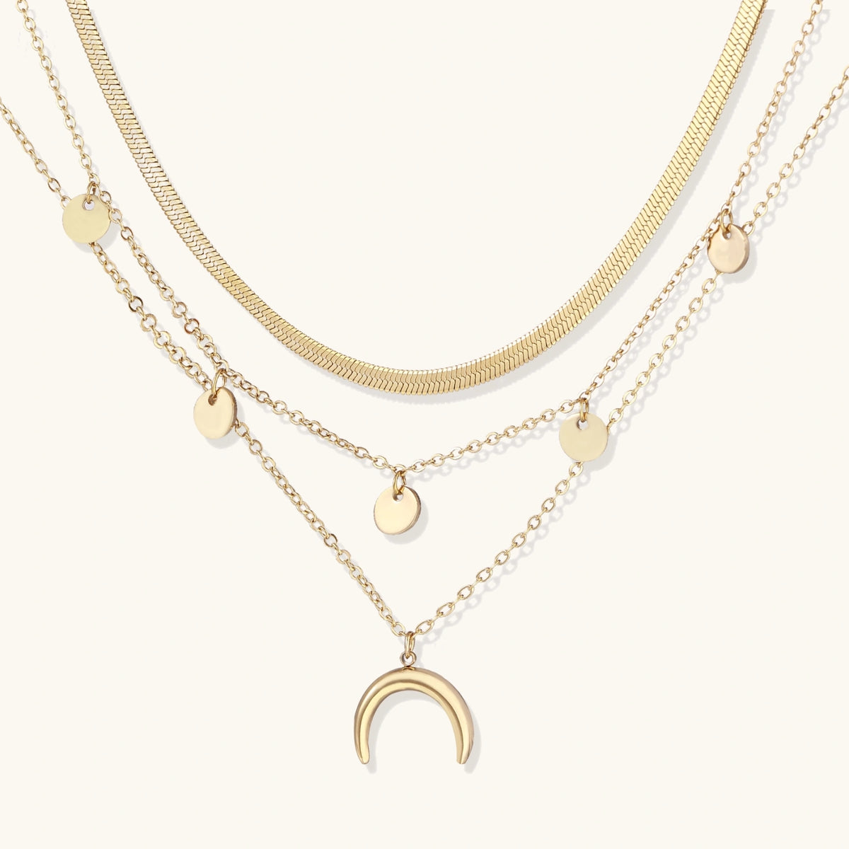 Crescent Moon Triple-Layer Necklace – 14K Gold-Plated