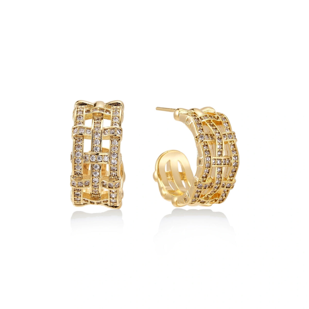 Basket-Weave Crystal Hoop Earrings – 14K Gold-Plated
