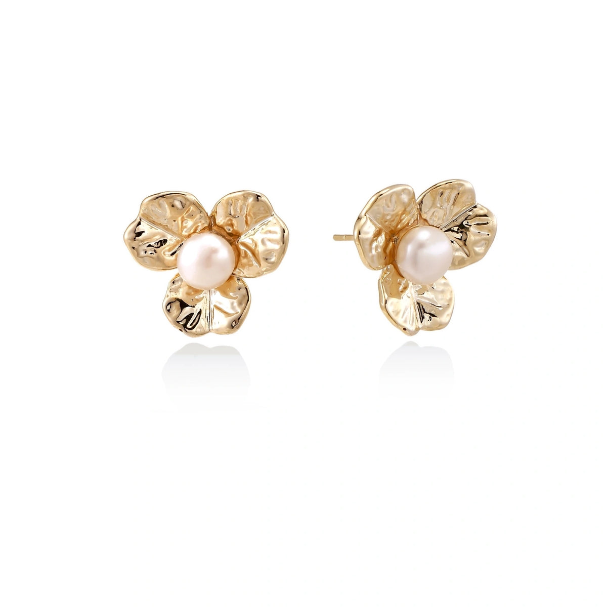 Floral Freshwater Pearl Stud Earrings – 14K Gold-Plated