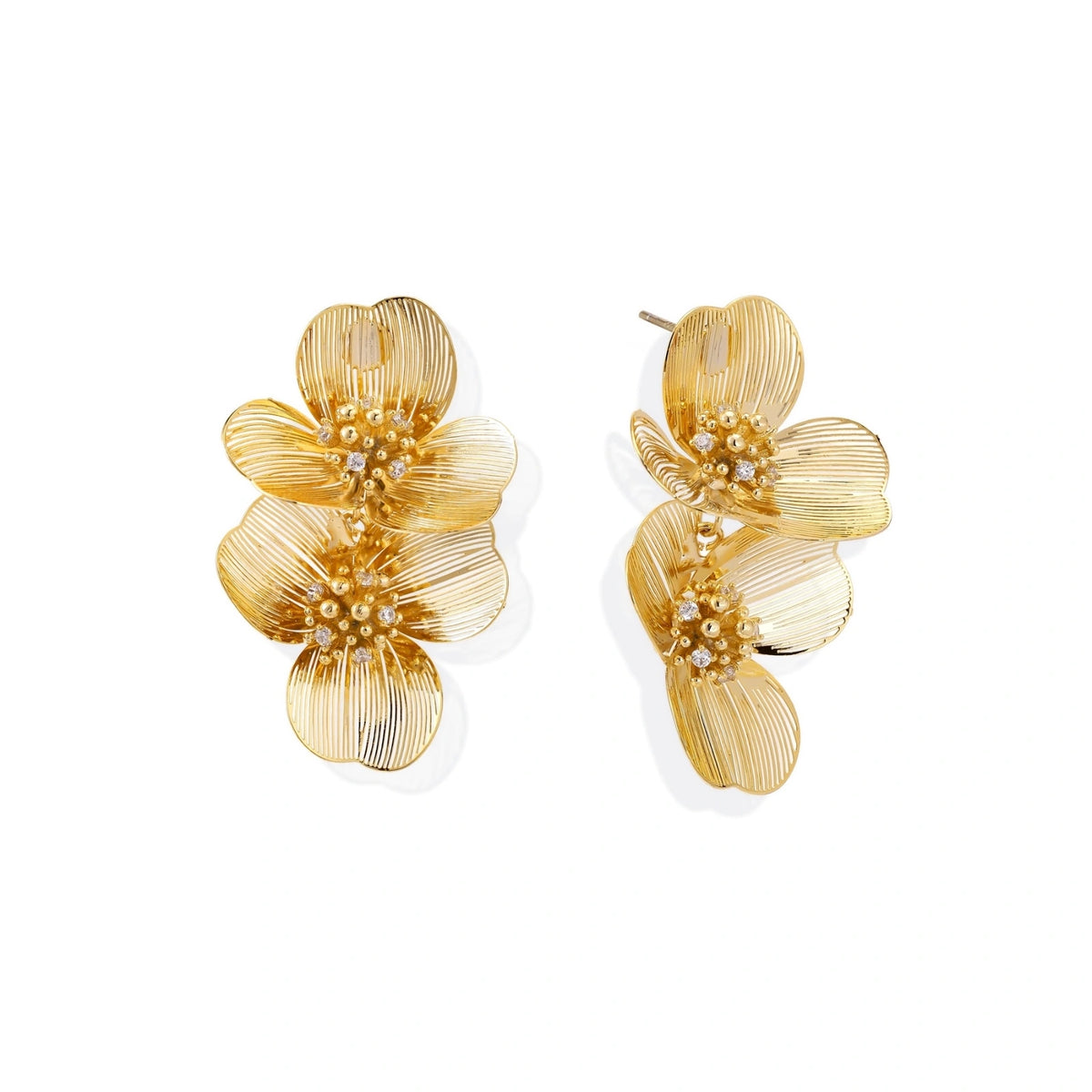 Double Flower Statement Earrings – 14K Gold-Plated