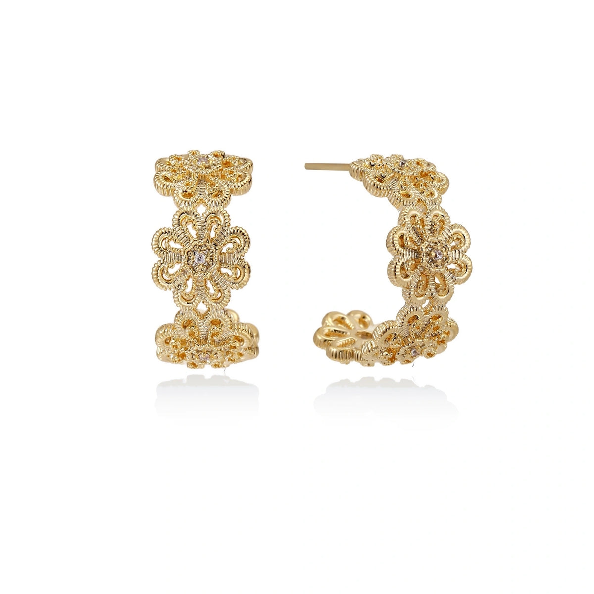 Floral Filigree Hoop Earrings – 14K Gold-Plated