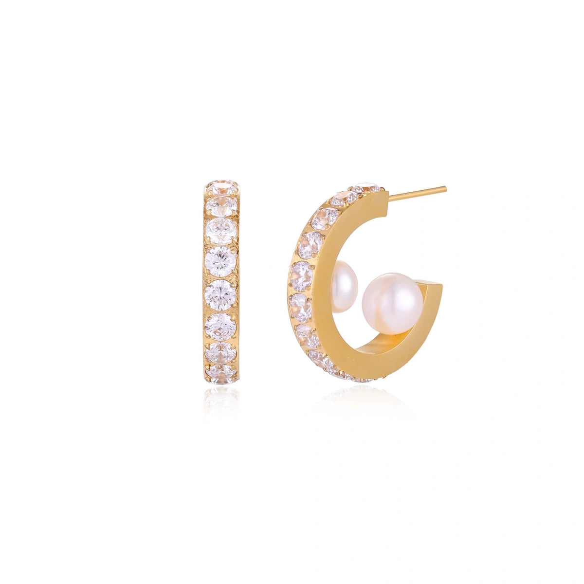 Freshwater Pearl Pavé Hoop Earrings – 18K Gold-Plated