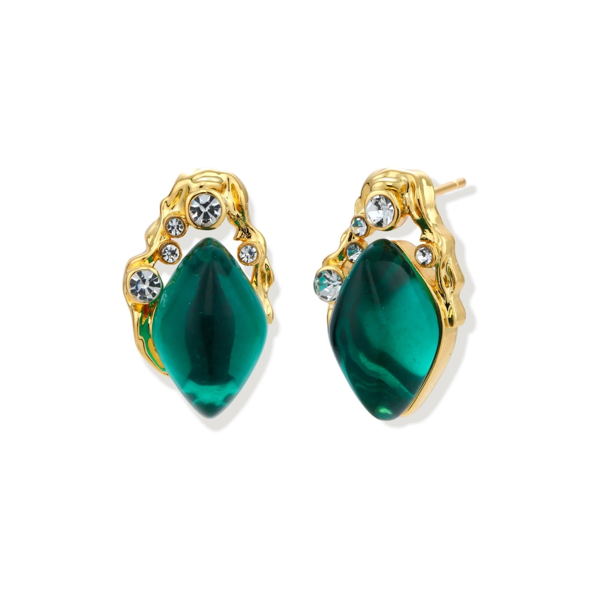 Emerald Green Liuli Glass Stud Earrings – 18K Gold-Plated