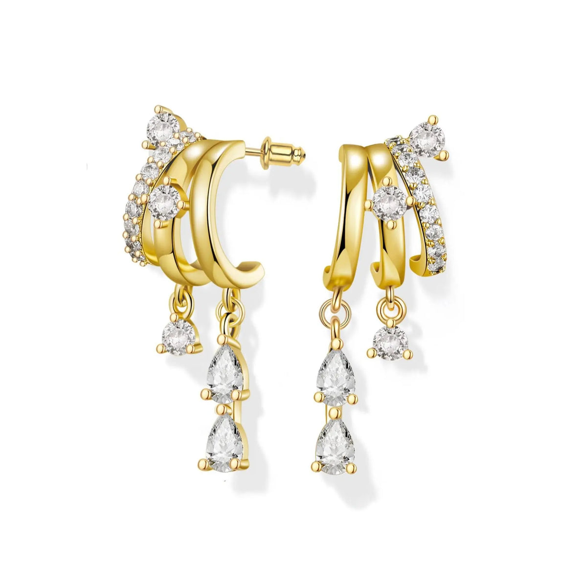 Triple Huggie Stacked Earrings for Women Gold Tear Drop Dangle Earrings Cute Statement CZ Earrings Perfect Gift All-Day Wear Trendy Dainty Jewelry Gift
