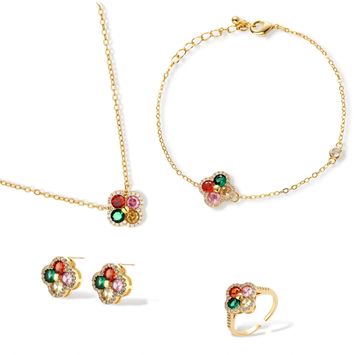 Four Leaf Clover Zirconia Jewelry Set – Gold-Plated