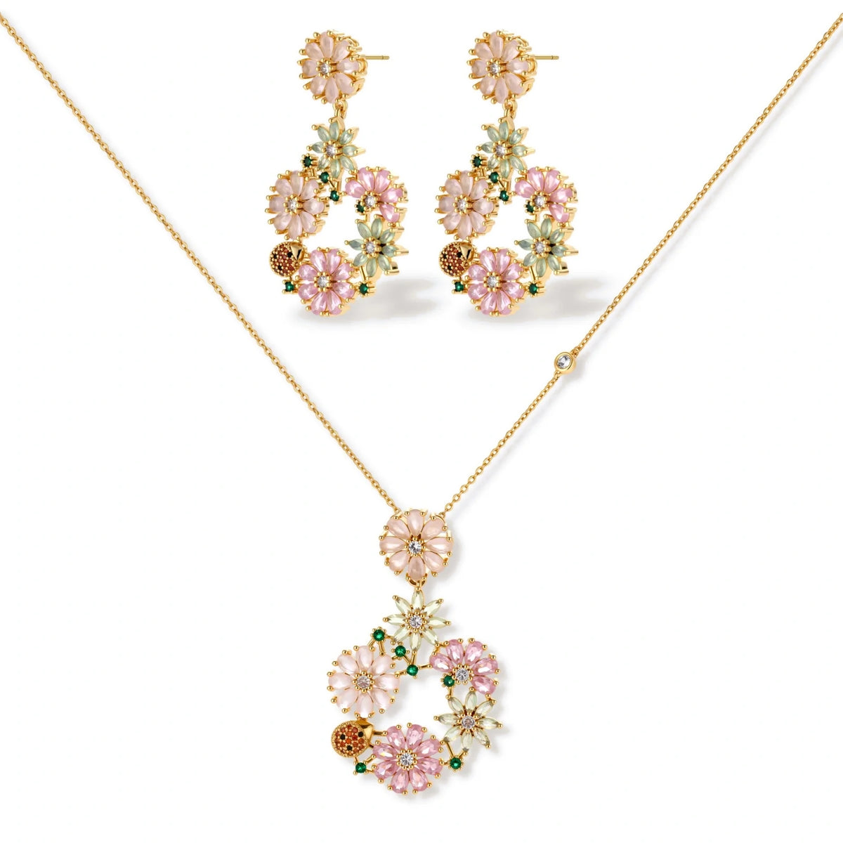 Floral Zirconia Necklace & Earring Set – 14K Gold-Plated