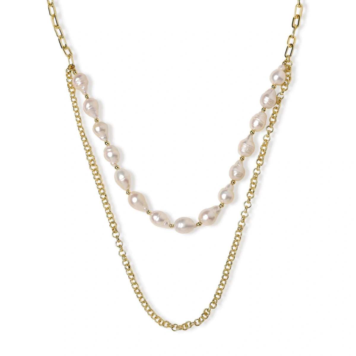 Layered gold chain necklace with organic baroque freshwater pearls and adjustable length on cream background