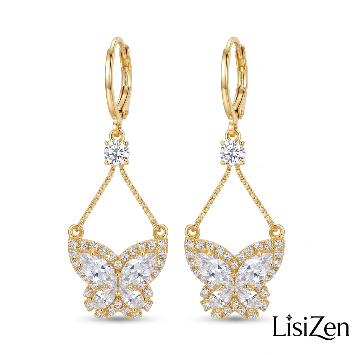 Lisizen Elegant Sweet Micro-Inlaid Zircon Butterfly Water Drop Earrings Light Luxury Super Fairy Butterfly Temperament Earrings DZEH5766