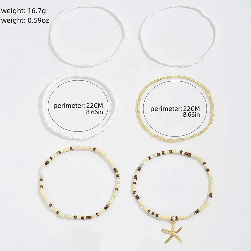 Bohemia Multilayer Rice Bead Anklet Set with Starfish Pendant for Women - Summer Beach Ankle Jewelry