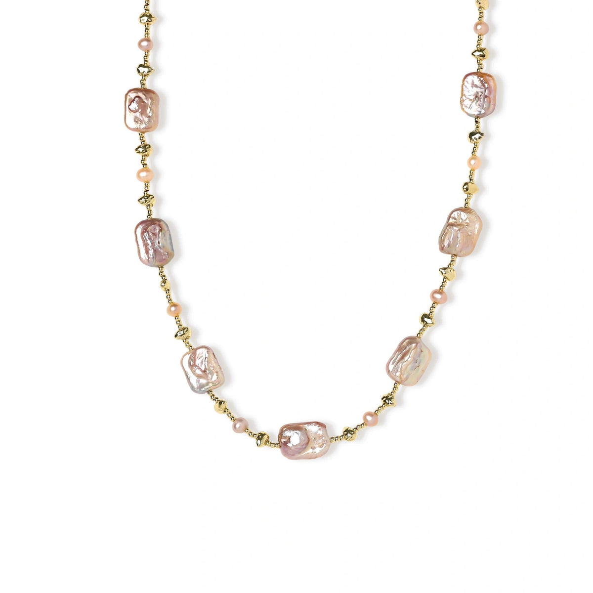 Iridescent baroque pearls alternating with small freshwater pearls on 14K gold-plated chain