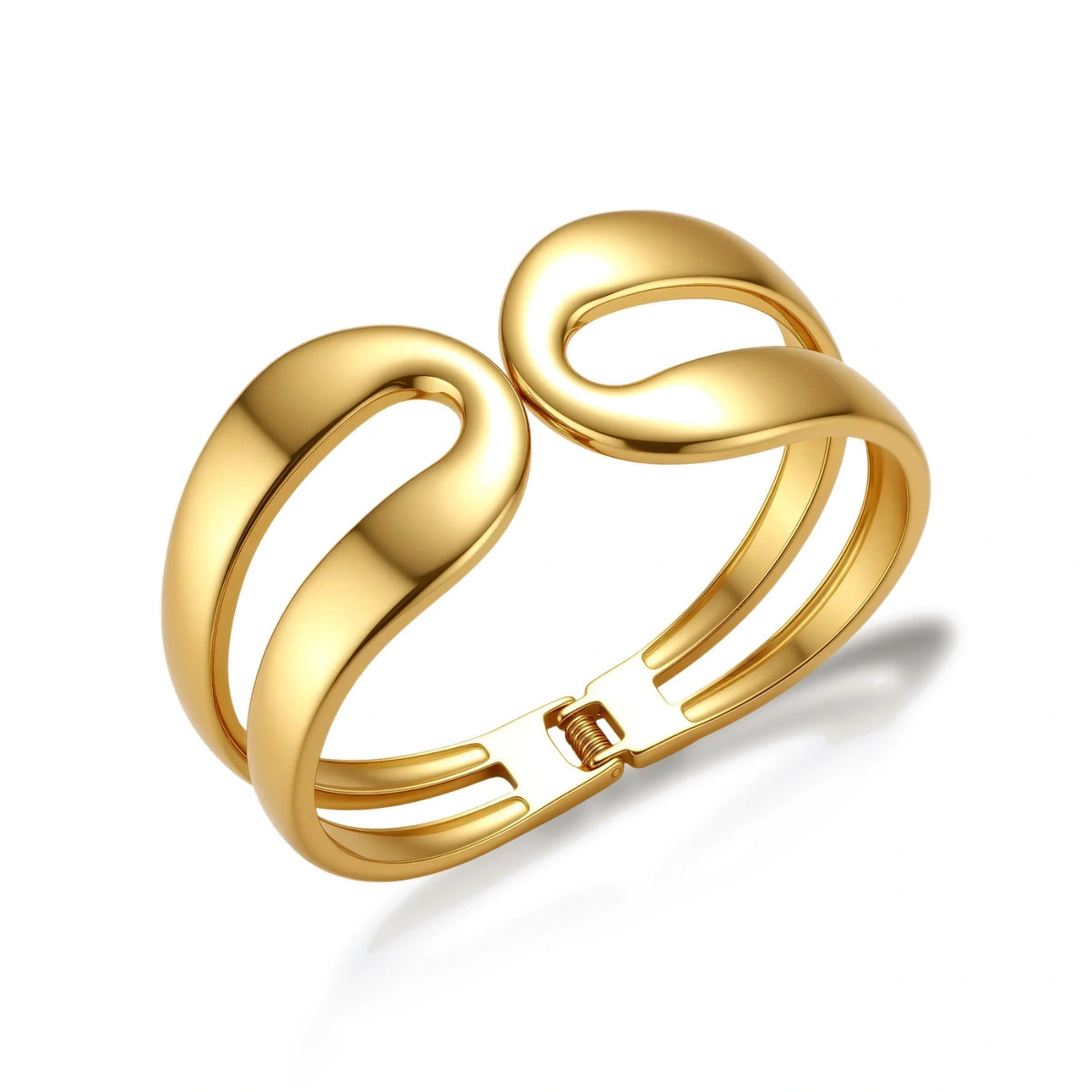 Polished 18K gold plated stainless steel cuff with two sculpted loops and a triple-band body with spring hinge clasp.