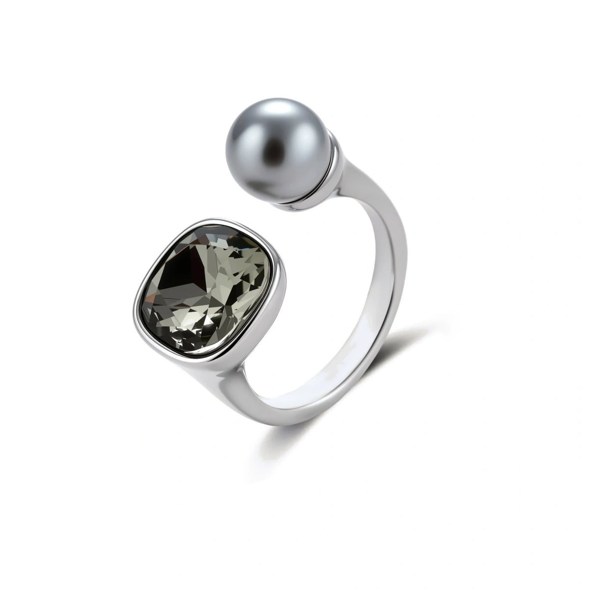Modern adjustable ring with smoky zircon stone and metallic sphere in platinum-plated copper finish on neutral background.