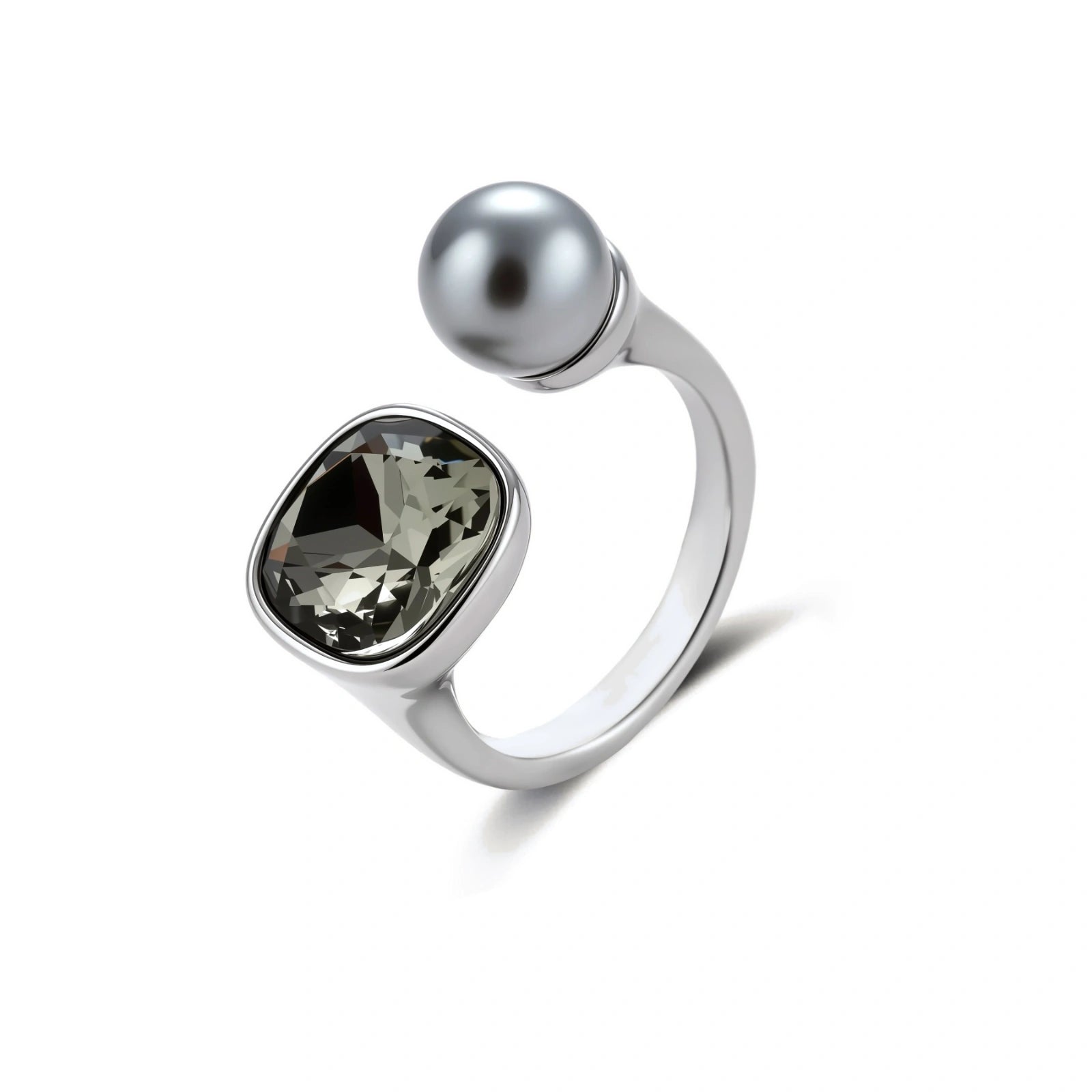 Modern adjustable ring with smoky zircon stone and metallic sphere in platinum-plated copper finish on neutral background.
