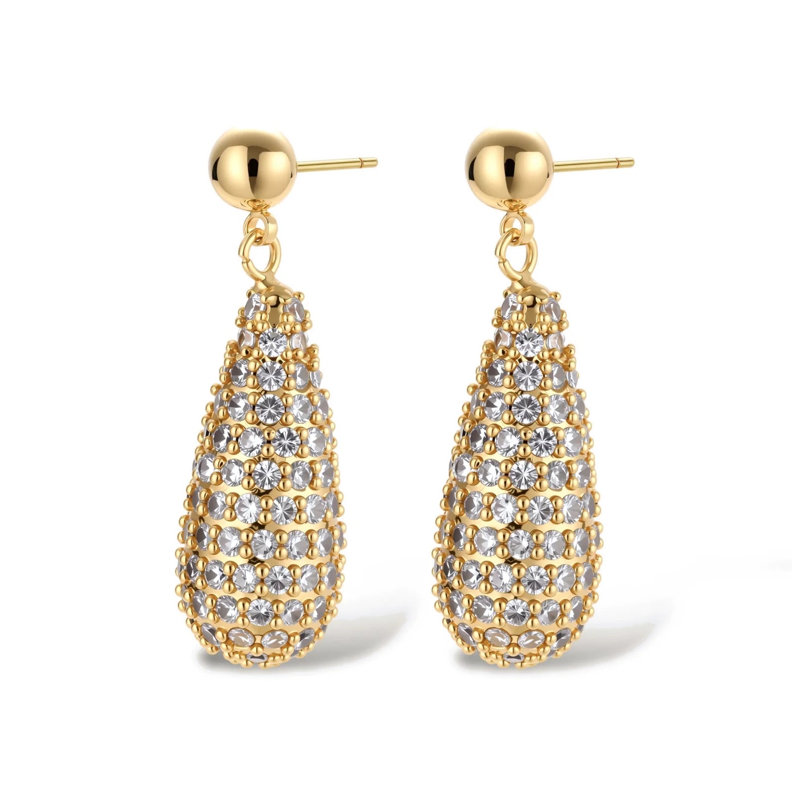 Gold-plated teardrop necklace and earrings covered in AAA cubic zirconia crystals on cream background.