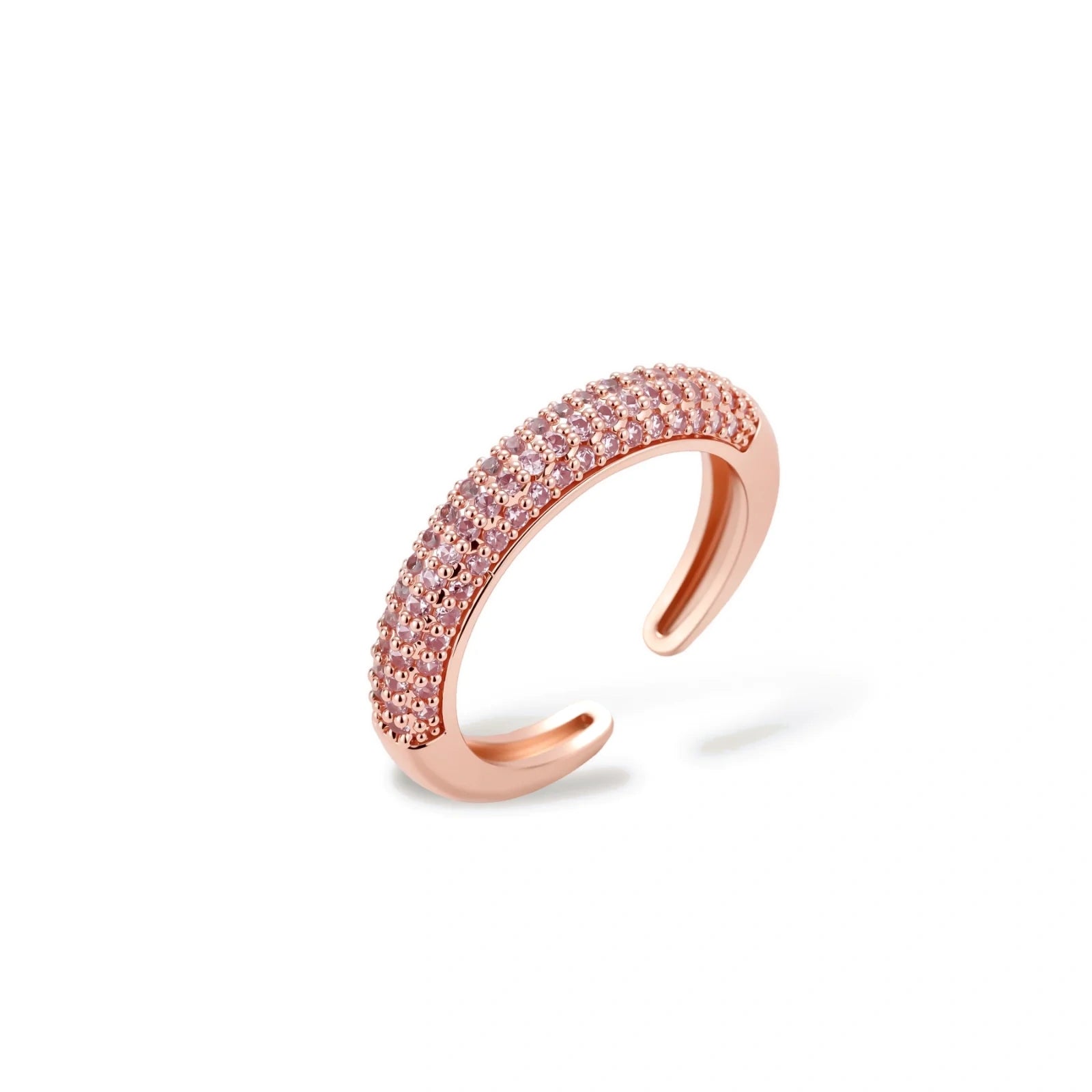Rose gold pavé zirconia bar necklace, hoop earrings, and open ring set with pink stones on cream background.