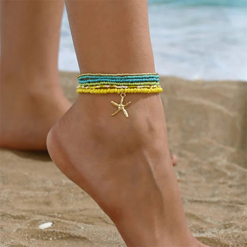 Bohemia Multilayer Rice Bead Anklet Set with Starfish Pendant for Women - Summer Beach Ankle Jewelry