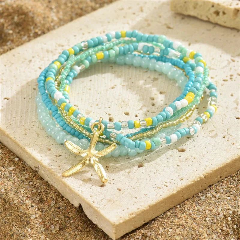 Bohemia Multilayer Rice Bead Anklet Set with Starfish Pendant for Women - Summer Beach Ankle Jewelry