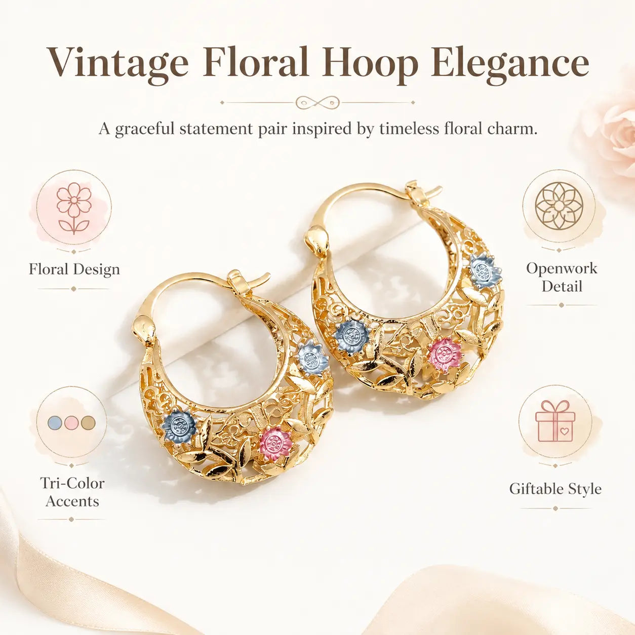 Carved Leaf Hoop Earrings — open hoop with engraved leaf and flower detail