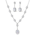 Elegant white gold plated jewelry set with oval cubic zirconia stones in halo settings, featuring Y-necklace and drop earrings.