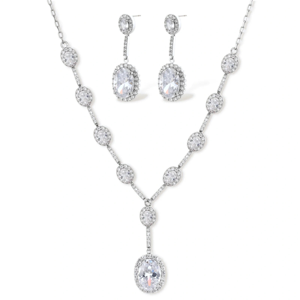 Zirconia Cascade Necklace & Earrings – White Gold-Plated