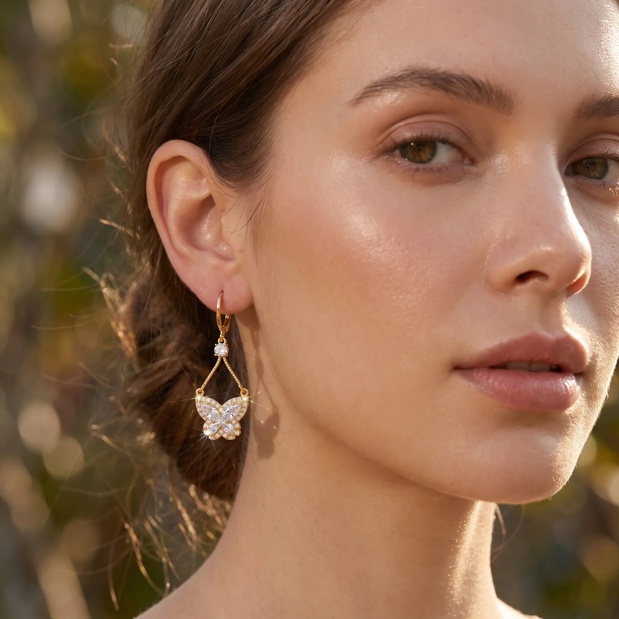 Zircon Butterfly Drop Earrings — pavé cubic zirconia butterfly with teardrop drop