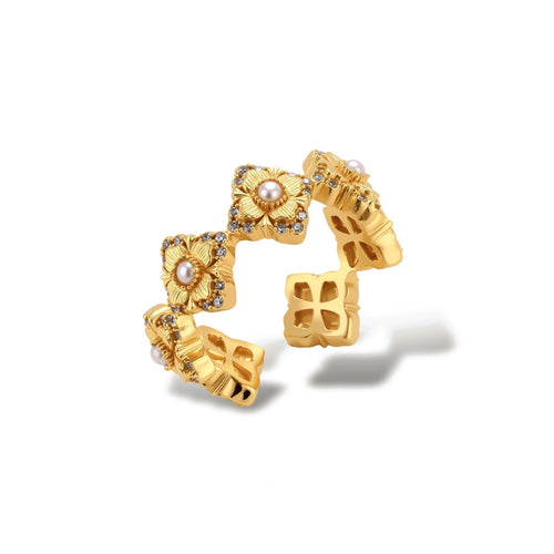 Gold-plated adjustable ring with multiple flower motifs, each featuring a central pearl and cubic zirconia stones