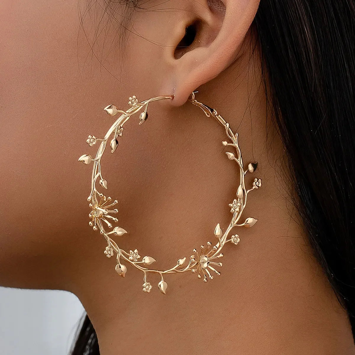 Floral Leaf Hoop Earrings – Gold-Tone – alternate view 5