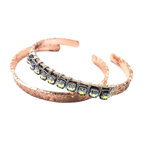 Silver Wire-Wrapped Crystal Textured Copper Cuff Set
