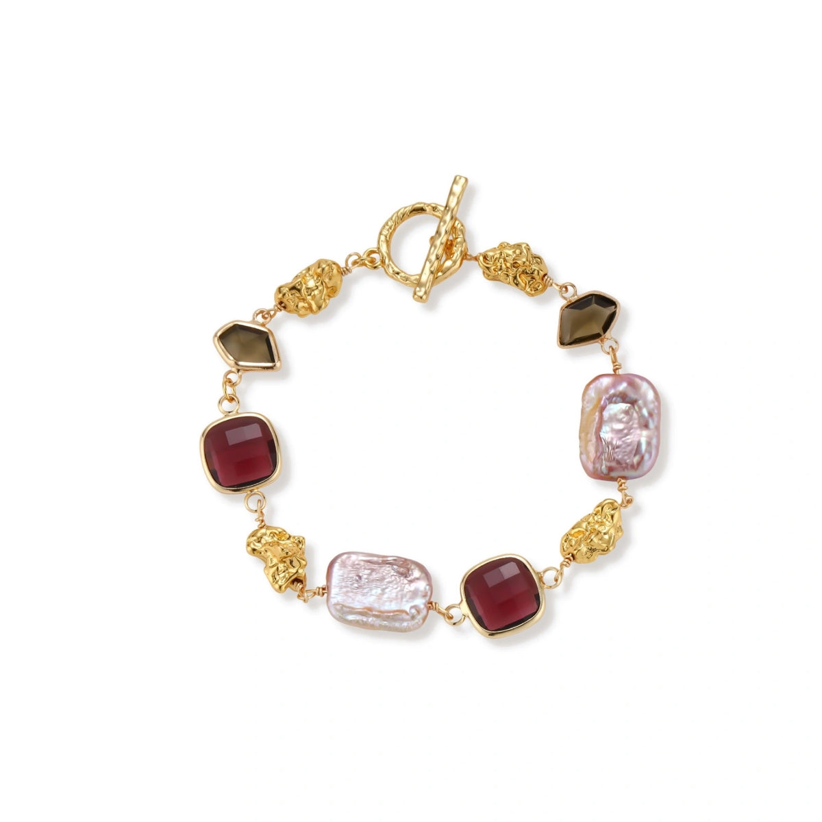 Pearl & Mosaic Stone Charm Bracelet – Gold-Plated