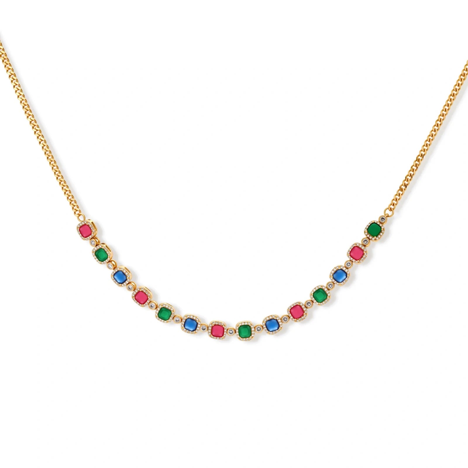 Gold-plated jewelry set with red, green, and blue cubic zirconia stones including necklace, bracelet, and drop earrings.