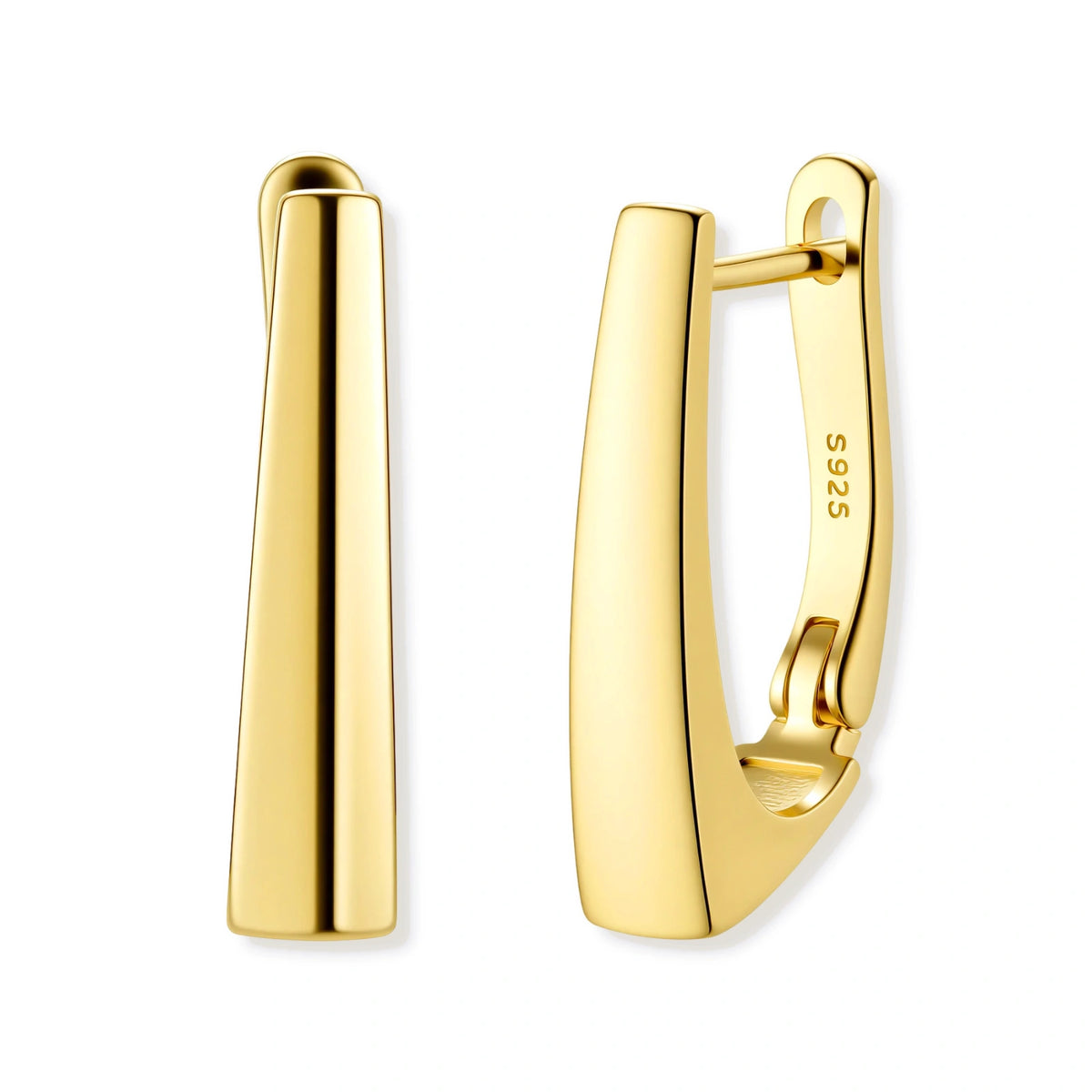 Sleek 14K gold-plated sterling silver huggie earrings with polished finish and geometric elongated design on white background.