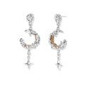 Detailed eco-brass dangle earrings featuring crescent moons with gold rope details and dangling star charms on white background.
