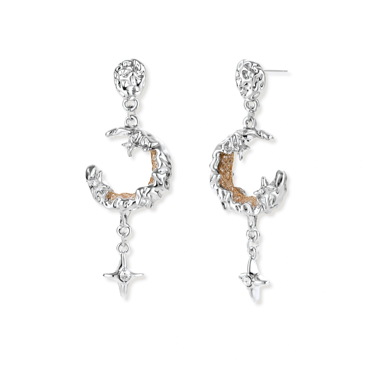 Detailed eco-brass dangle earrings featuring crescent moons with gold rope details and dangling star charms on white background.
