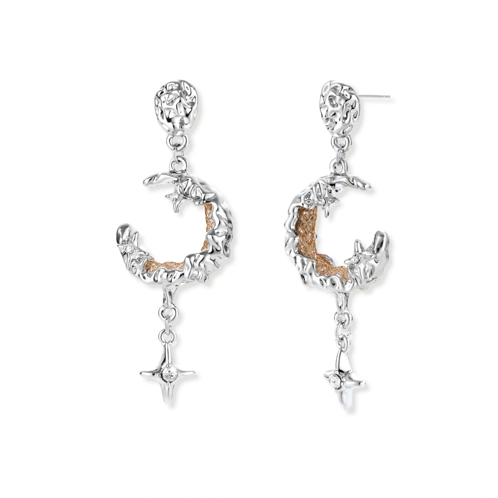 Detailed eco-brass dangle earrings featuring crescent moons with gold rope details and dangling star charms on white background.