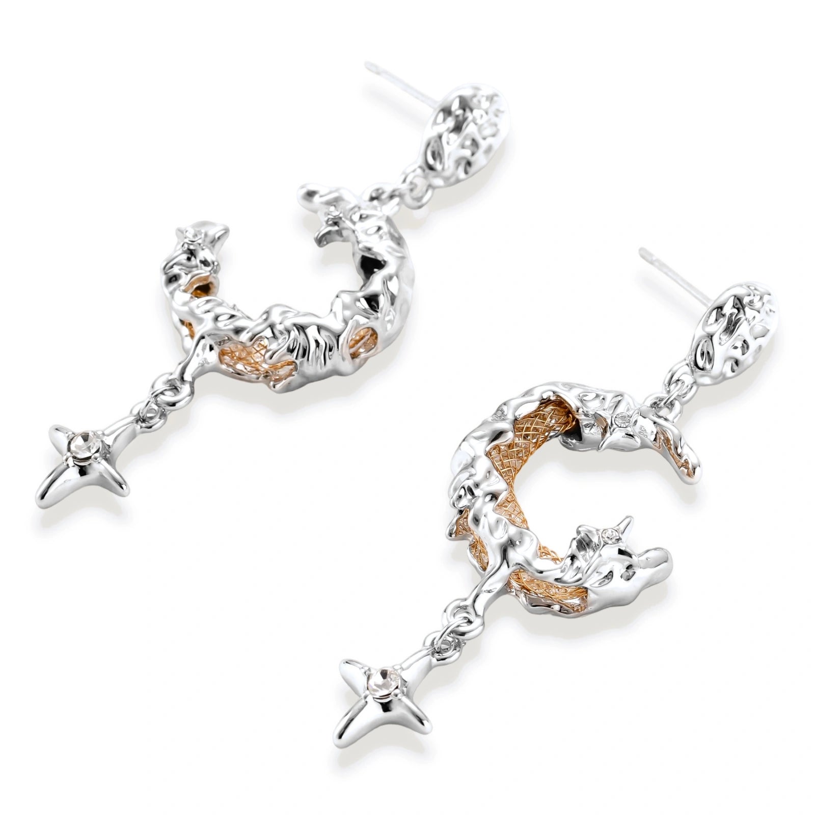 Detailed eco-brass dangle earrings featuring crescent moons with gold rope details and dangling star charms on white background.