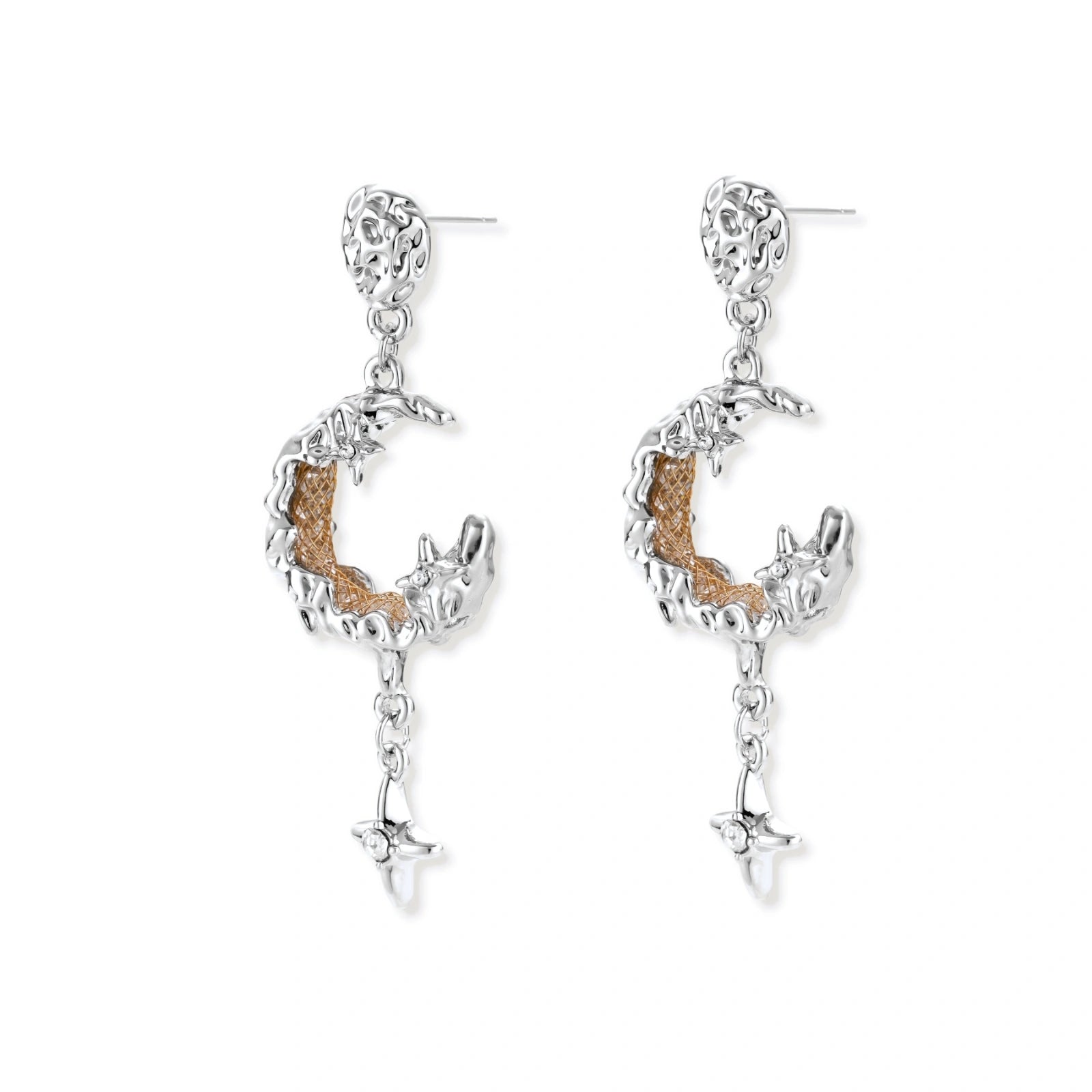 Detailed eco-brass dangle earrings featuring crescent moons with gold rope details and dangling star charms on white background.