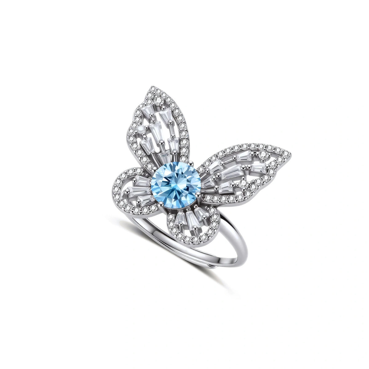 Blue Moissanite Butterfly Ring – Sterling Silver