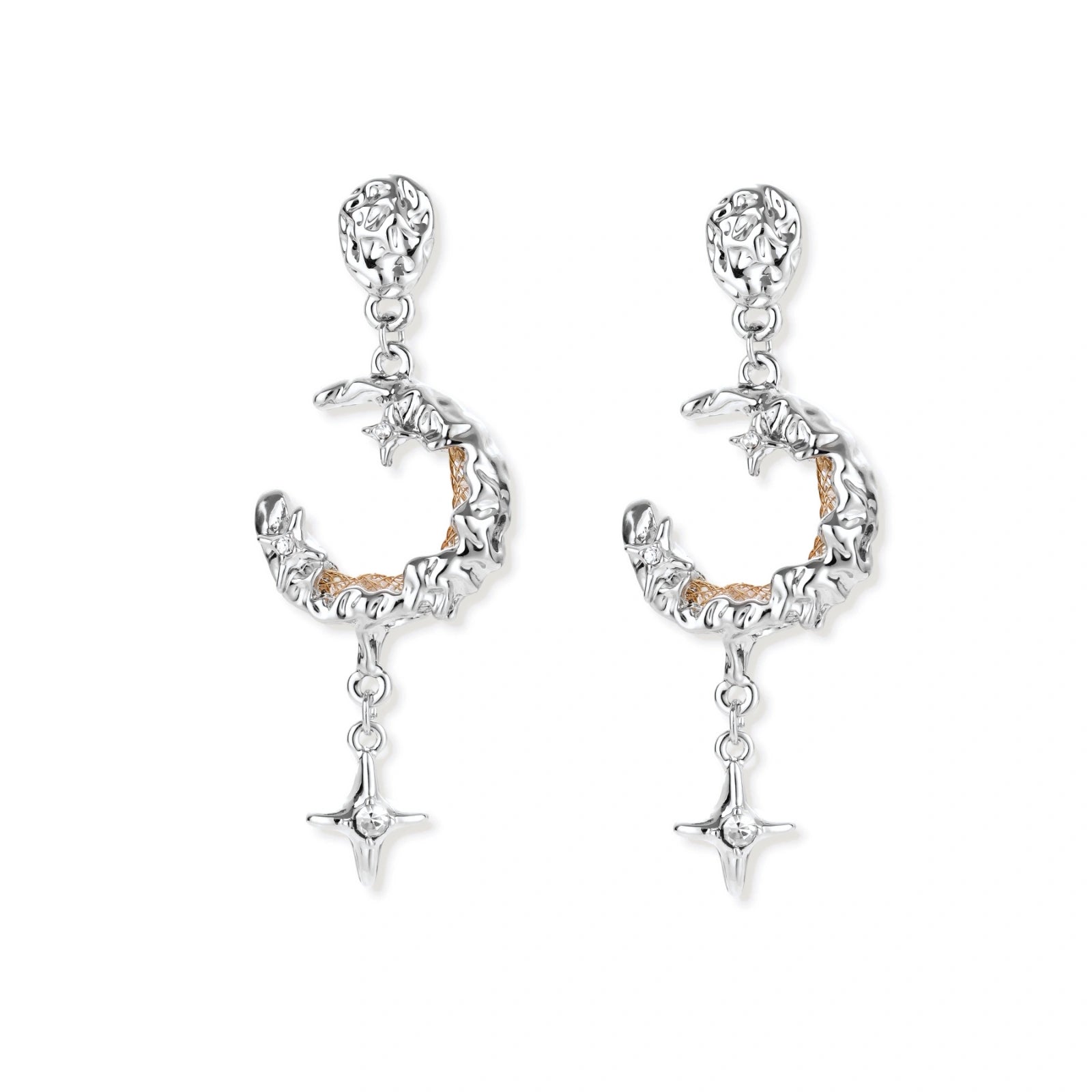 Detailed eco-brass dangle earrings featuring crescent moons with gold rope details and dangling star charms on white background.