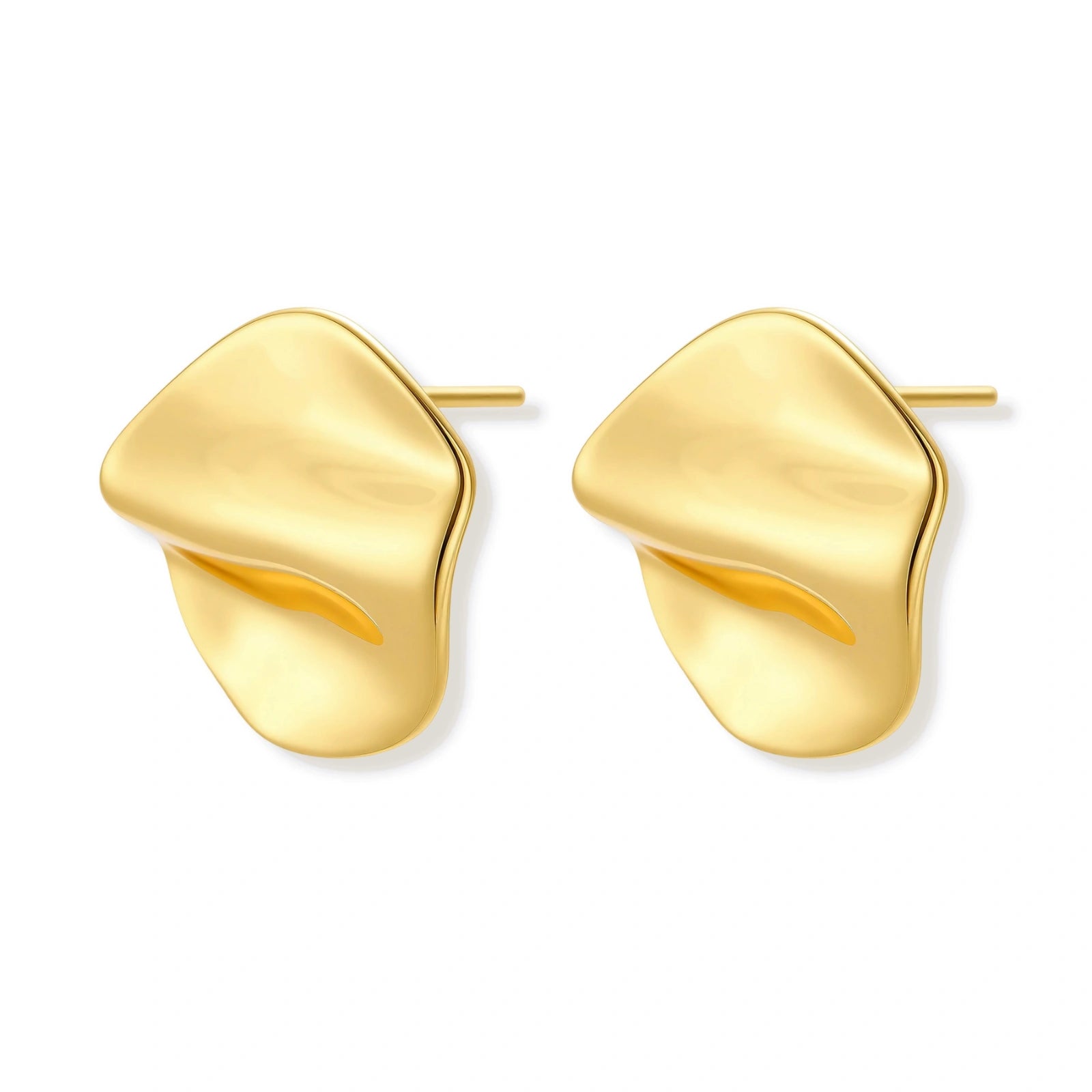 Close-up of organic gold-plated sterling silver stud earrings with flowing sculptural design and curved cut-outs