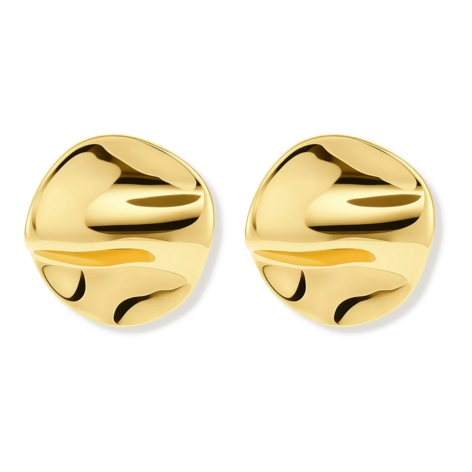 Close-up of organic gold-plated sterling silver stud earrings with flowing sculptural design and curved cut-outs