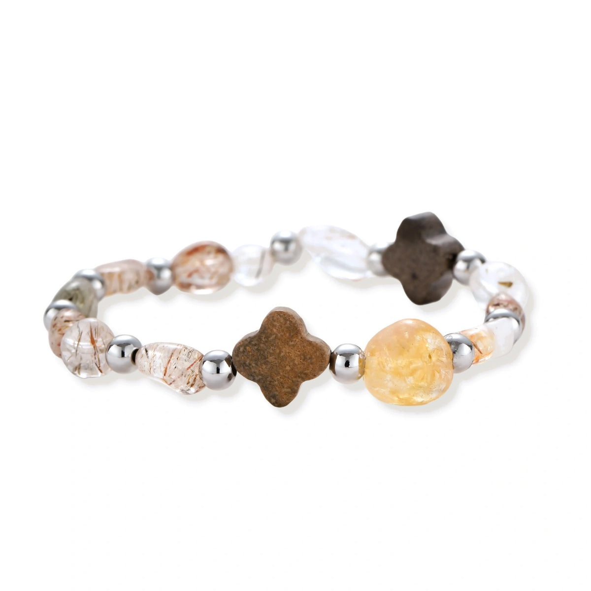 Stretch bracelet with coffee calcite, citrine, and black gold super seven stones mixed with silver beads on white background