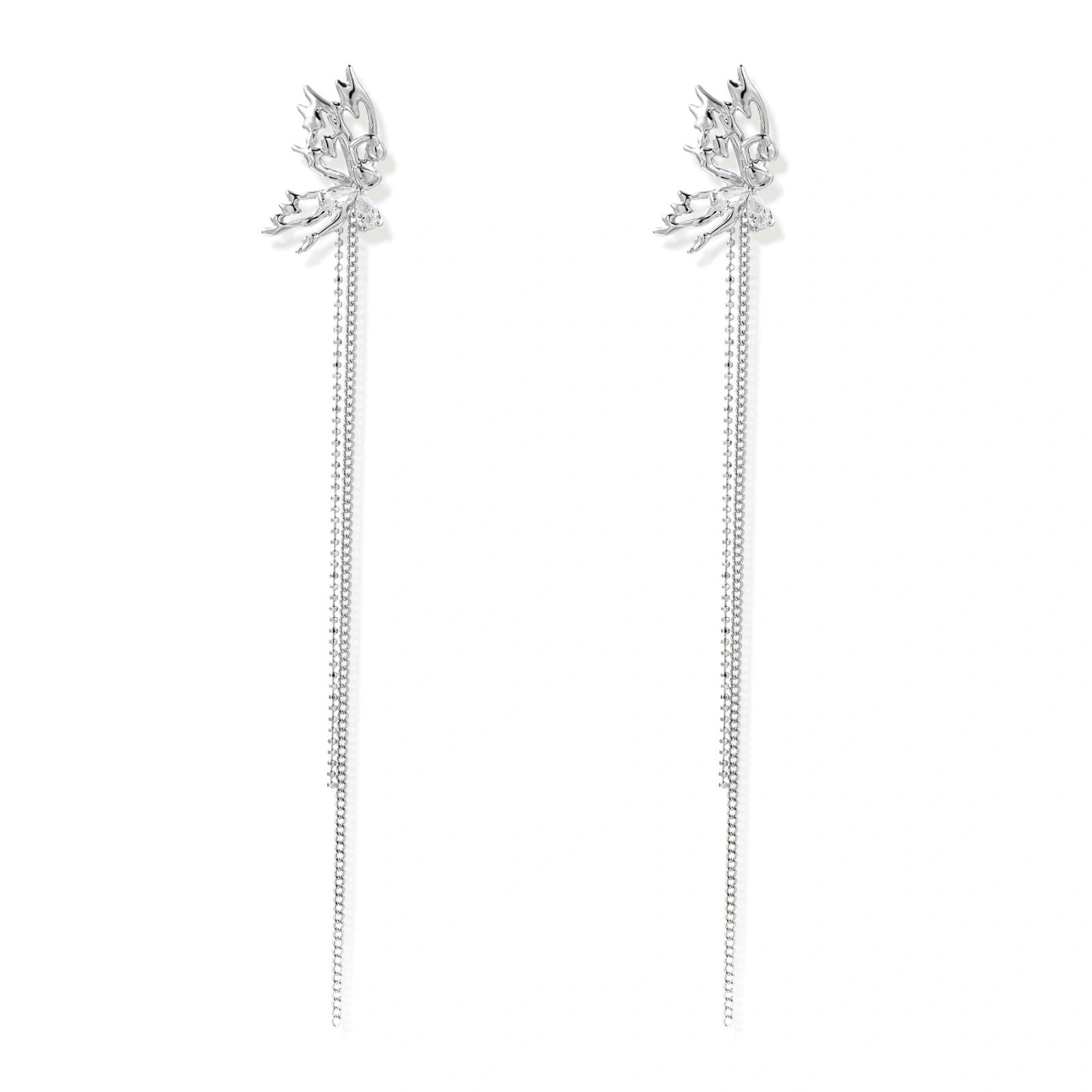 Silver-toned threader earrings featuring detailed fairy figure with wings and dual delicate chain strands, zirconia accents