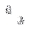 Triple-row white gold hoops with black X-pattern, twisted band, and pavé zirconia stones on white background.