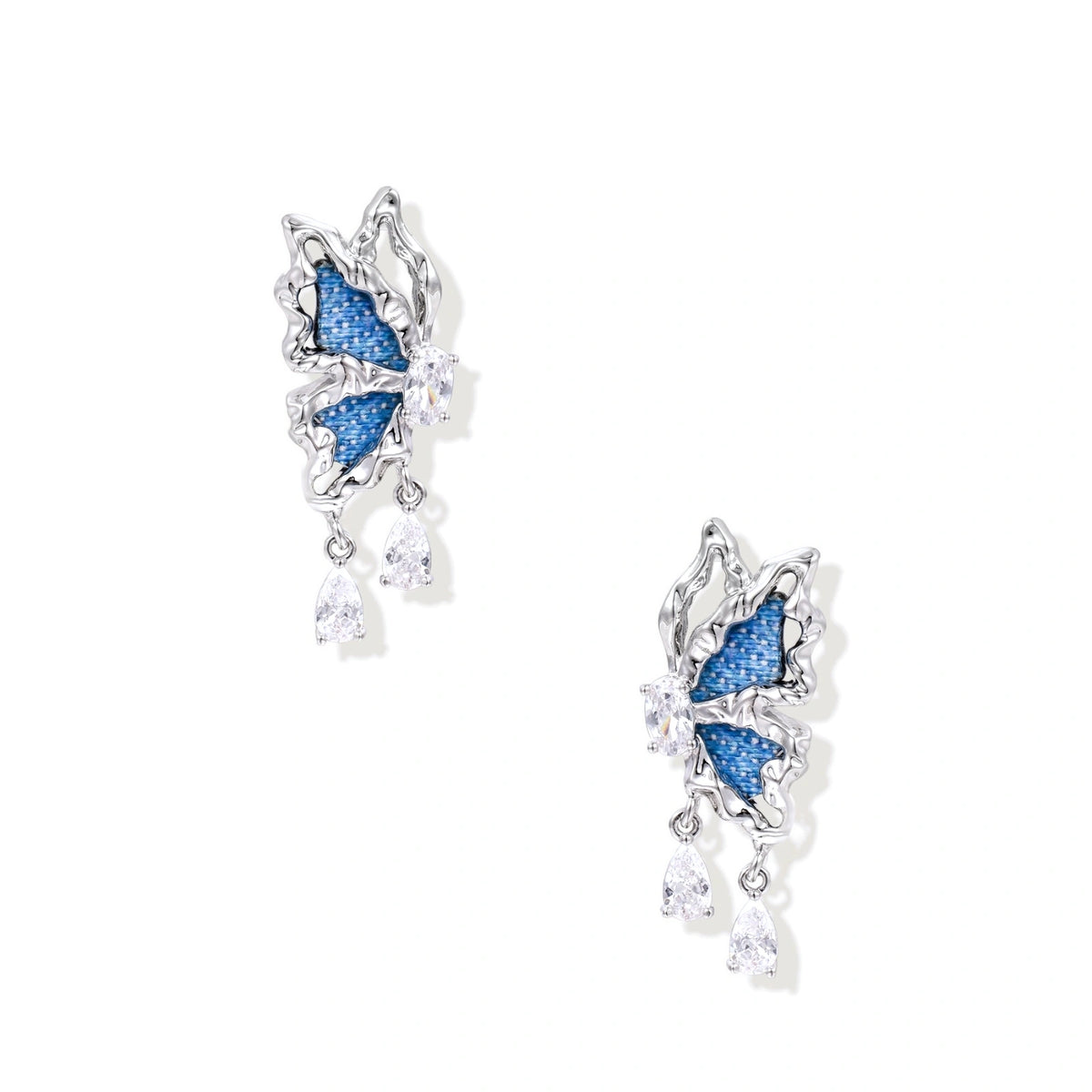 Denim Butterfly Drop Earrings – White Gold-Plated