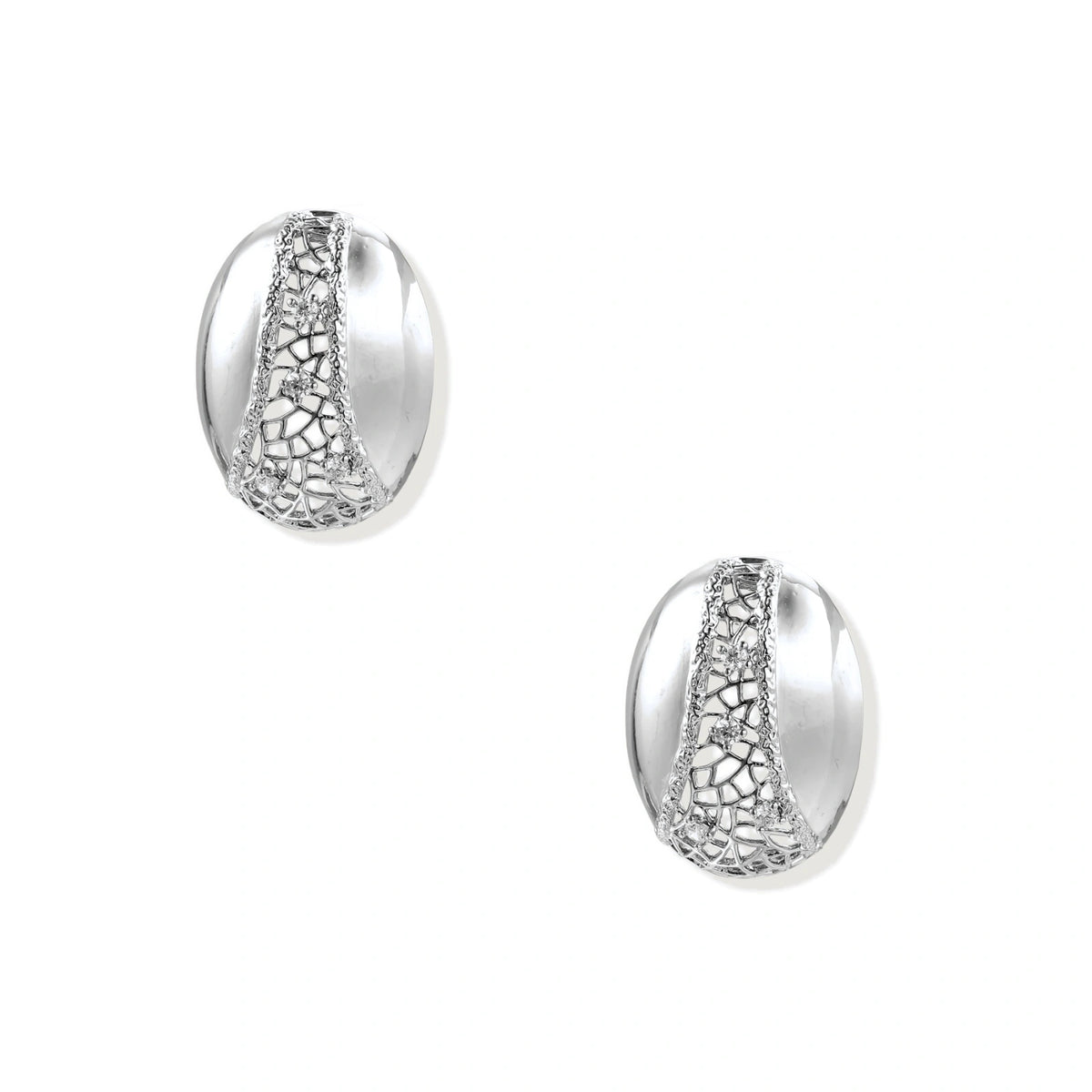 Lattice Dome Zirconia Stud Earrings – White Gold-Plated