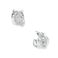Close-up of sculptural hoop earrings with lattice center band and smooth twisted edges in white gold-plated brass with zirconia