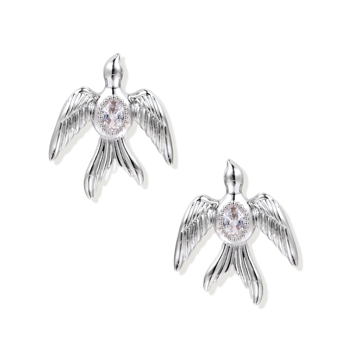 Zirconia Swallow Stud Earrings – White Gold-Plated